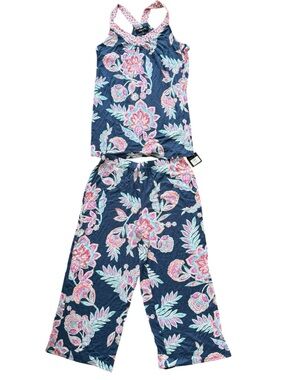 Ellen Tracy Navy Floral Tank & Wide-Leg Pajama Set with Pink Accents